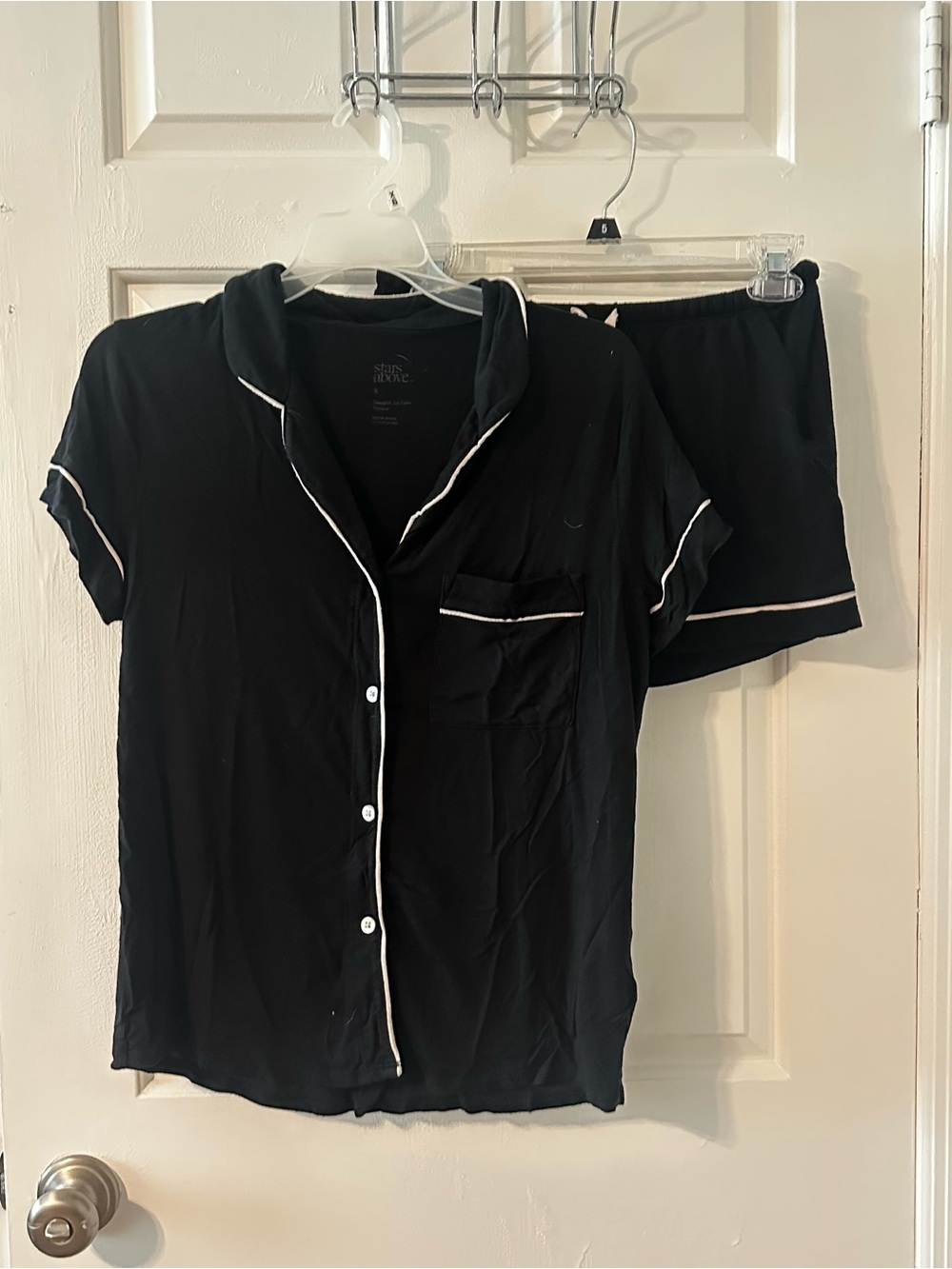 Black Short Sleeve Button Pajama Set with Light Pink Piping